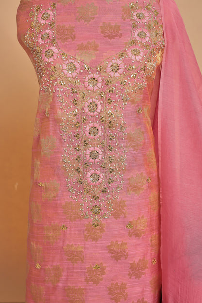Luxurious Pink Banarasi Silk Unstitched Salwar Suit with Heavy Zari Weaving