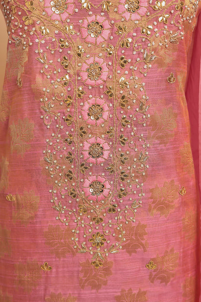 Luxurious Pink Banarasi Silk Unstitched Salwar Suit with Heavy Zari Weaving
