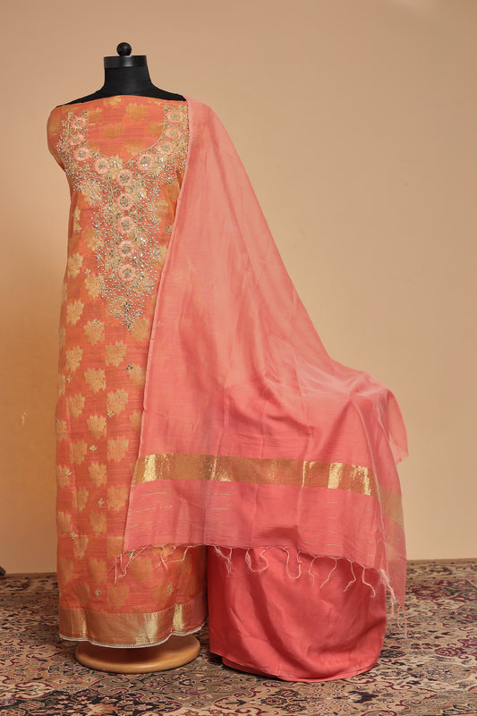 Luxury Unstitched Chanderi Silk Suit Set | Zari Woven & Hand Embroidered Dress Material for Festive & Party Wear