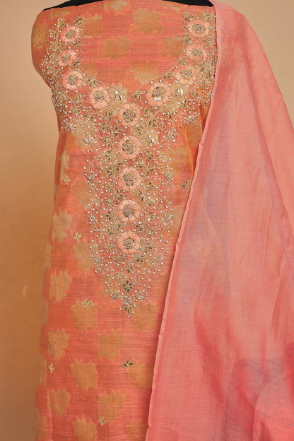Luxury Unstitched Chanderi Silk Suit Set | Zari Woven & Hand Embroidered Dress Material for Festive & Party Wear