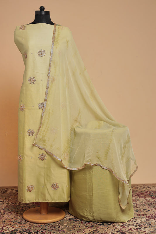 Light Yellow Embroidered Chanderi Silk Unstitched Suit Set