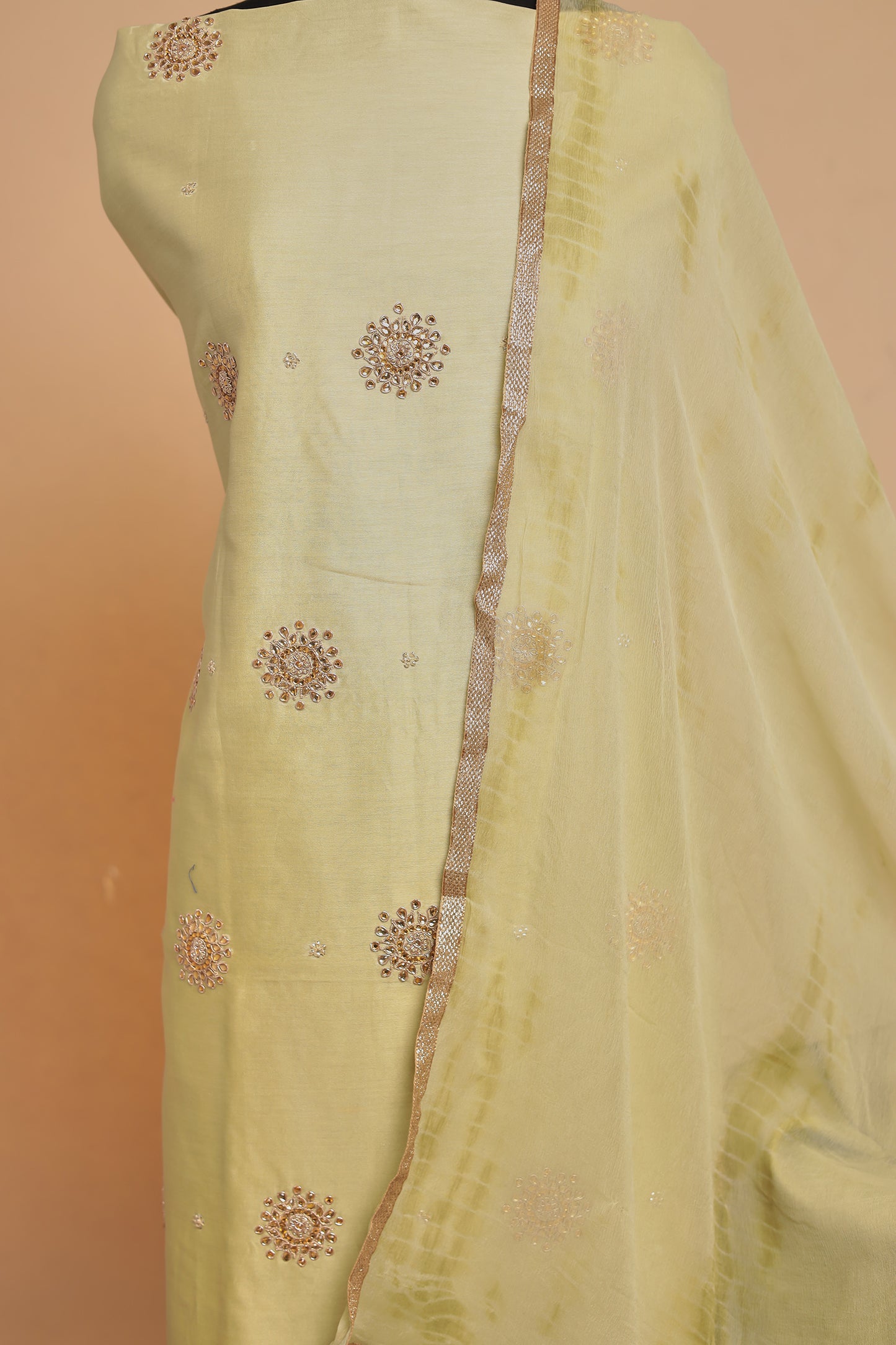 Light Yellow Embroidered Chanderi Silk Unstitched Suit Set