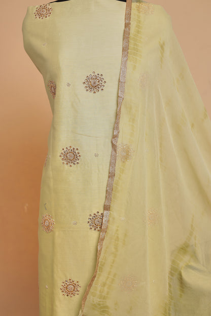 Light Yellow Embroidered Chanderi Silk Unstitched Suit Set