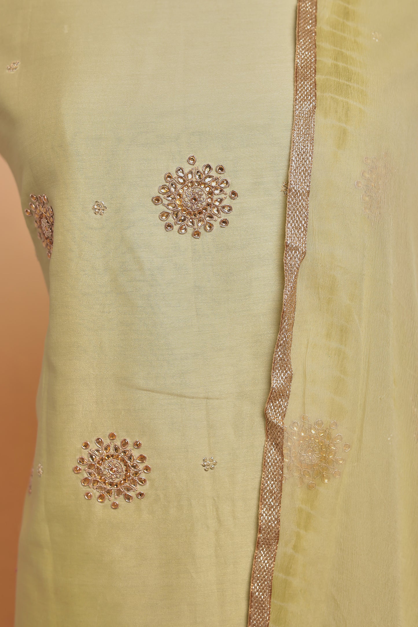 Light Yellow Embroidered Chanderi Silk Unstitched Suit Set