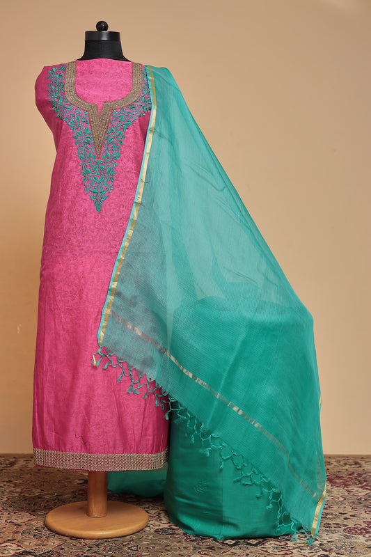 Designer Pink Unstitched Suit Set, 3-Piece Silk Blend Dress Material with Contrasting Turquoise Dupatta
