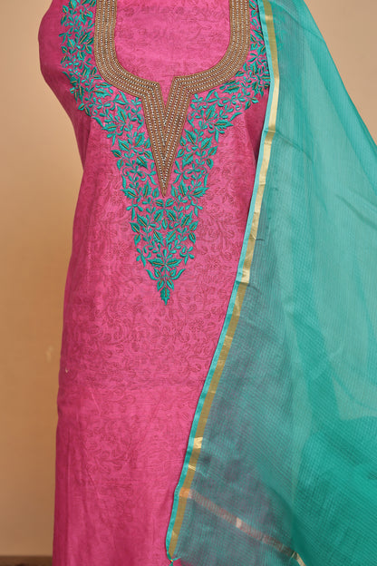 Designer Pink Unstitched Suit Set, 3-Piece Silk Blend Dress Material with Contrasting Turquoise Dupatta
