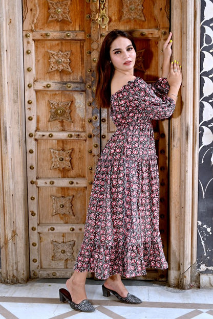 Women’s Floral Cotton Maxi Dress | Summer Casual Long Dress with Puff Sleeves