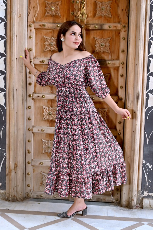 Women’s Floral Cotton Maxi Dress | Summer Casual Long Dress with Puff Sleeves