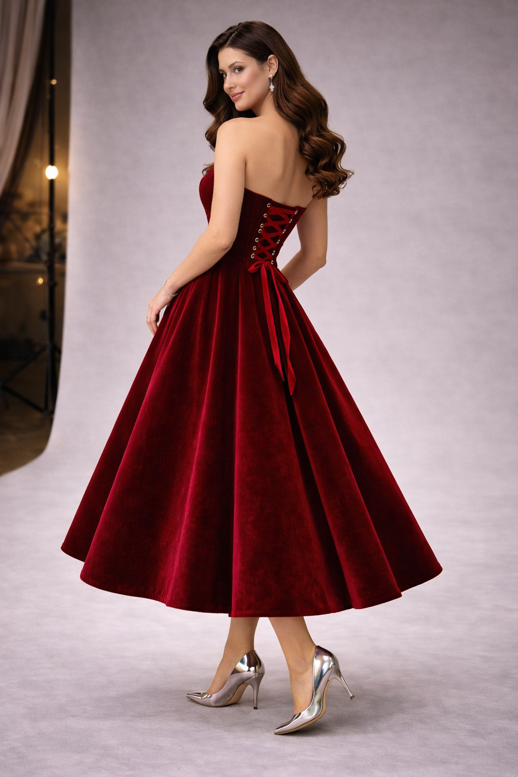 Deep Wine Velvet Western Wedding Dress for Women – Strapless Bridal Gown with Two Height Options