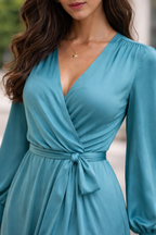 Elegant Teal Wrap Maxi Dress for Women | V-Neck Long Sleeve Flowy Evening Dress