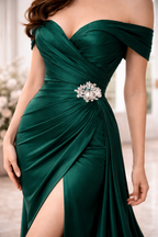 Emerald Green Satin Luxury Gown for Women – Off-Shoulder Slit Evening Dress