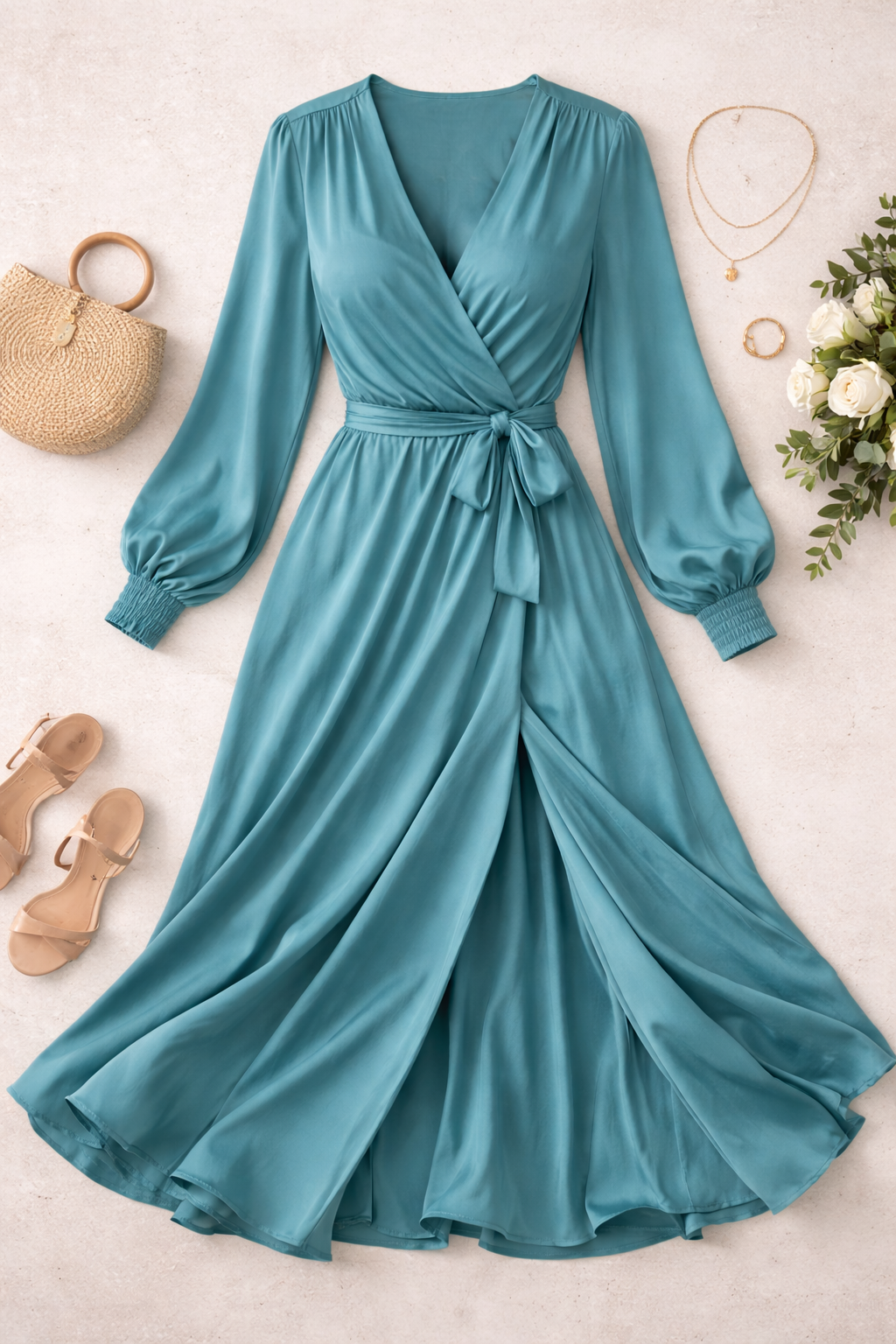 Elegant Teal Wrap Maxi Dress for Women | V-Neck Long Sleeve Flowy Evening Dress