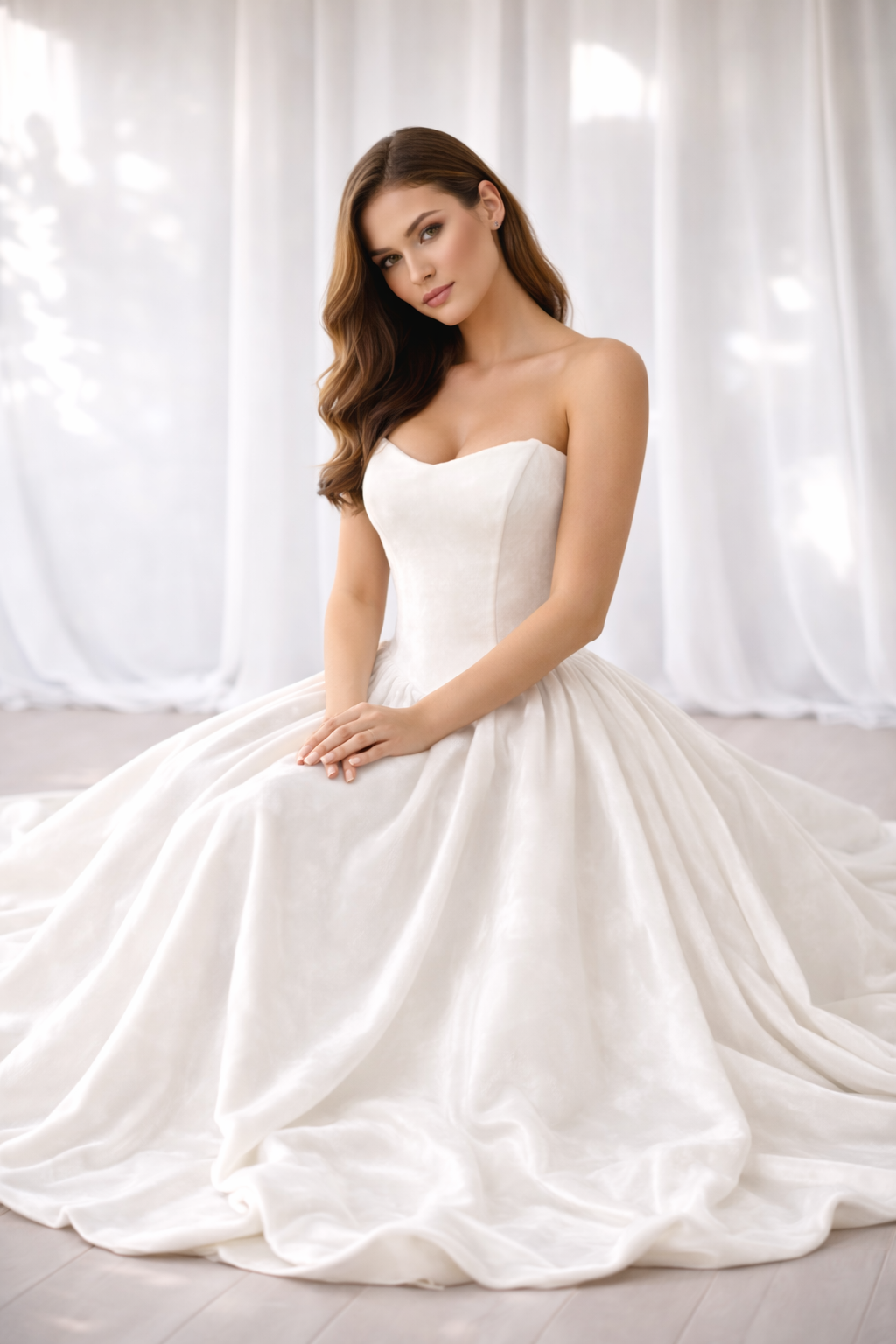Elegant Ivory Western Wedding Gown for Women – Strapless Bridal Dress with Flowing Train