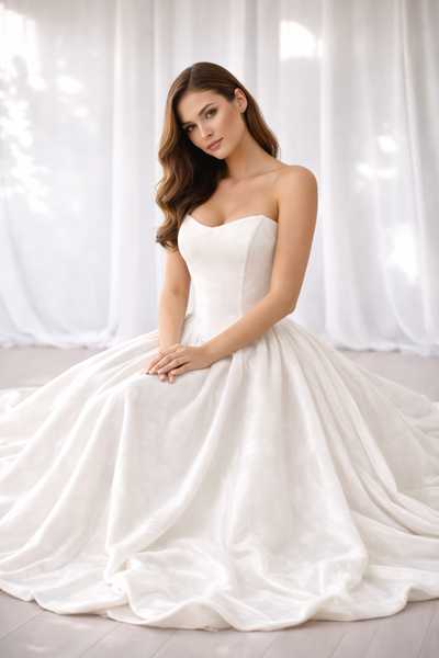 Elegant Ivory Western Wedding Gown for Women – Strapless Bridal Dress with Flowing Train