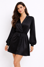 Elegant Black Wrap Mini Dress for Women | Long Sleeve V-Neck Chic Evening Dress