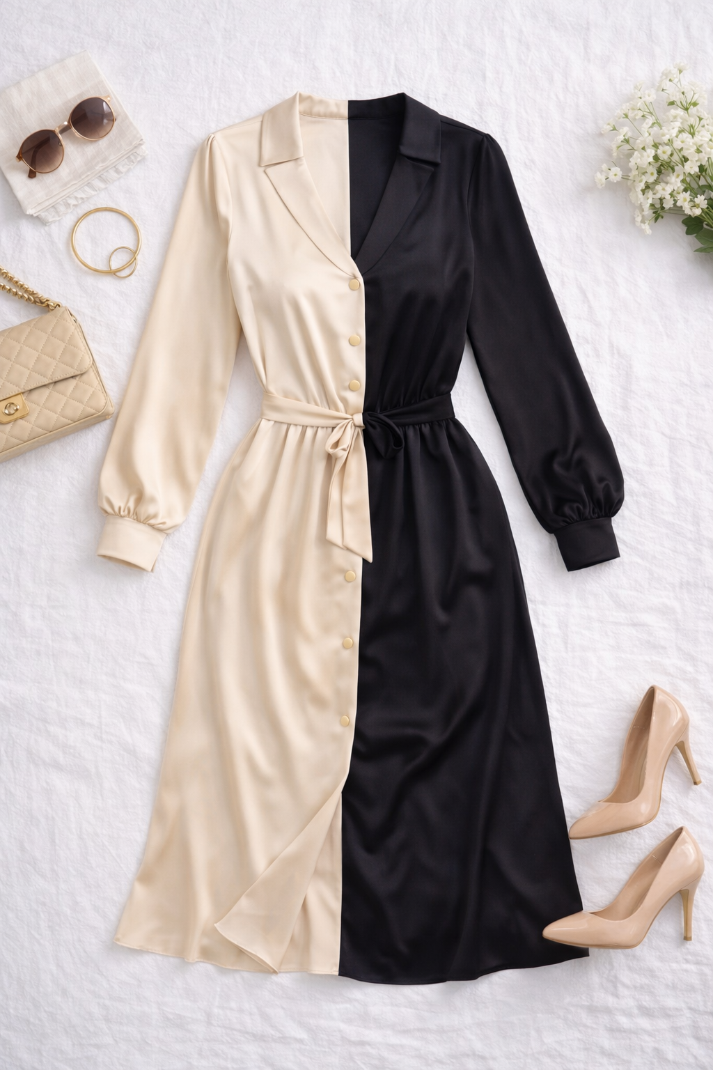 Black & Beige Colorblock Wrap Dress for Women – Elegant Long Sleeve Midi Dress