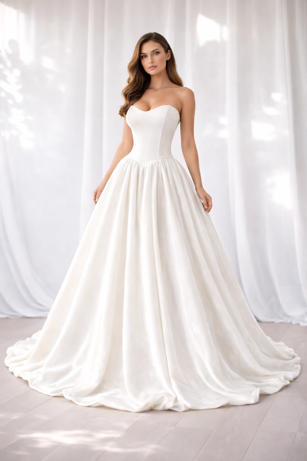 Elegant Ivory Western Wedding Gown for Women – Strapless Bridal Dress with Flowing Train