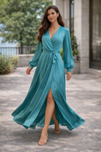 Elegant Teal Wrap Maxi Dress for Women | V-Neck Long Sleeve Flowy Evening Dress