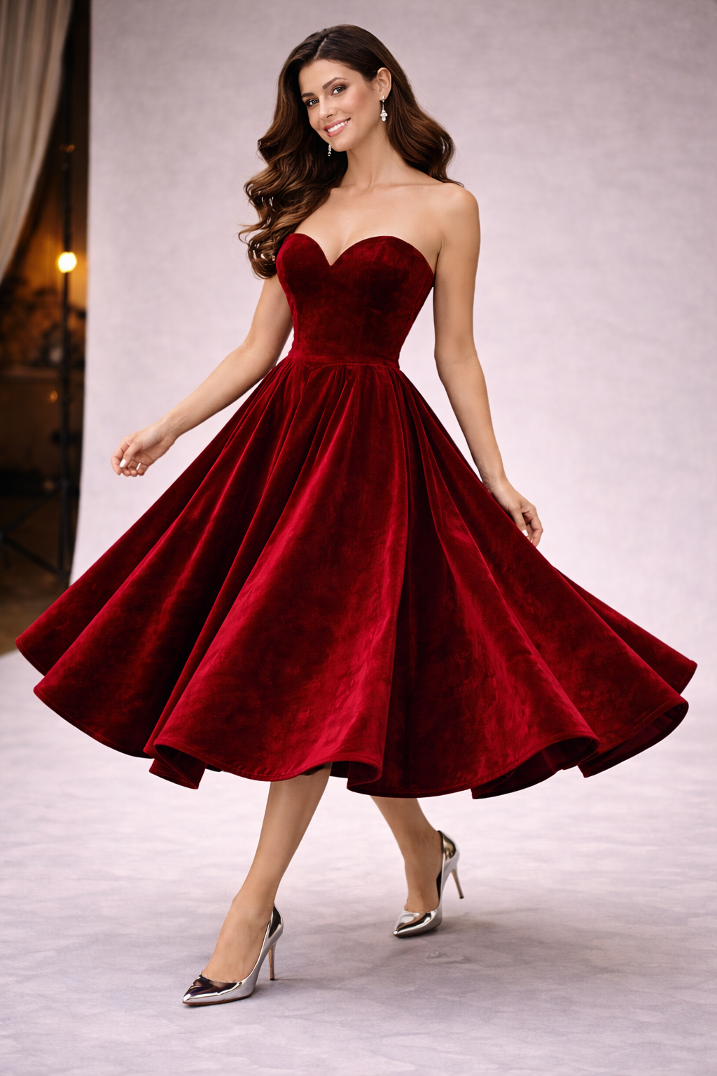 Deep Wine Velvet Western Wedding Dress for Women – Strapless Bridal Gown with Two Height Options