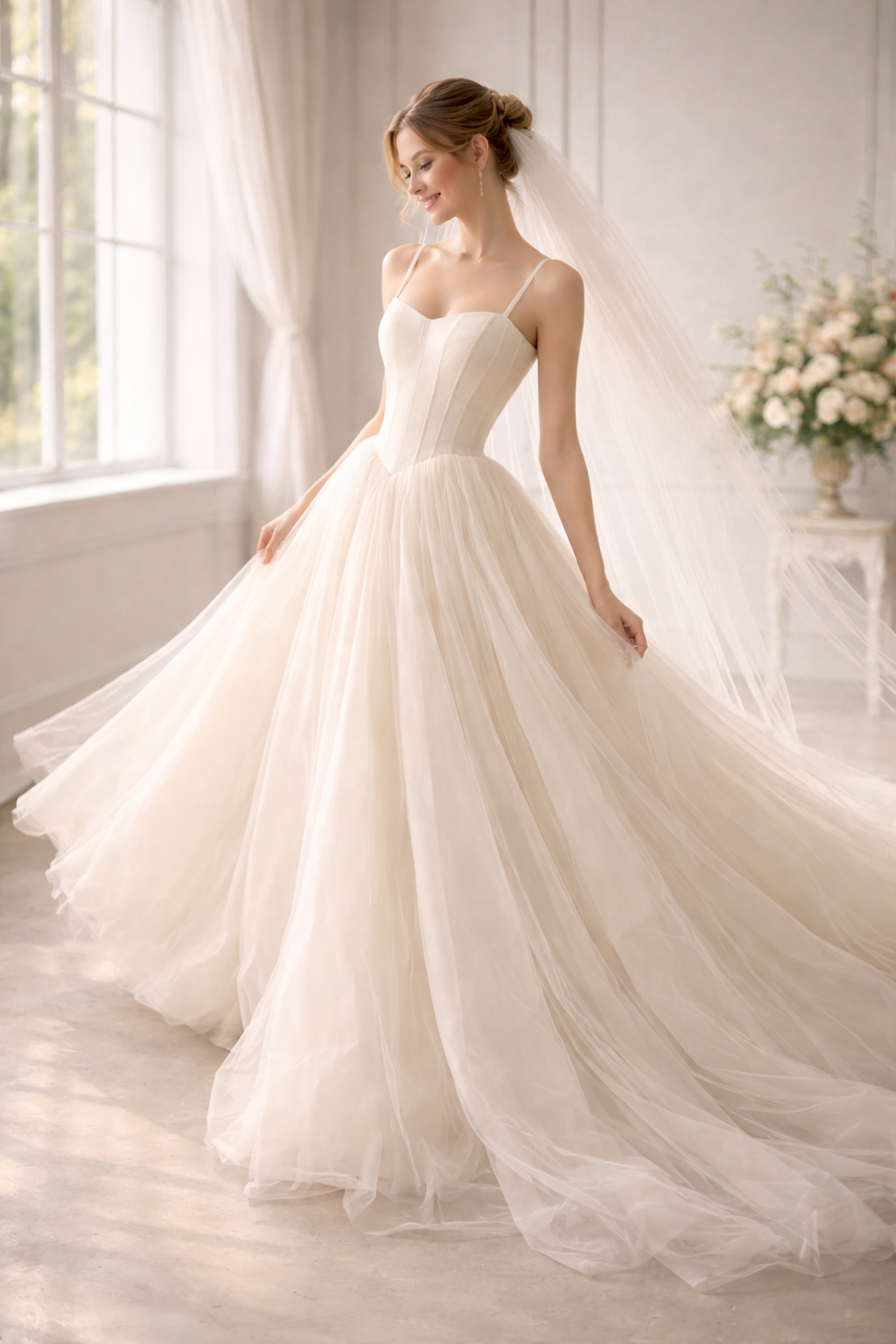 Soft Ivory Tulle Western Wedding Gown for Women – Corset Style Elegant Bridal Dress