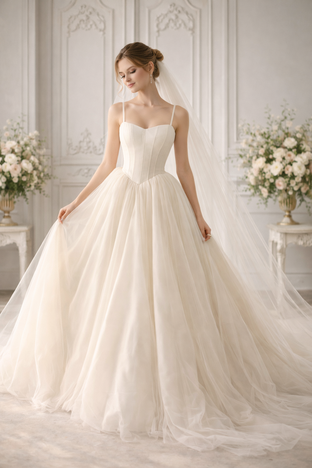 Soft Ivory Tulle Western Wedding Gown for Women – Corset Style Elegant Bridal Dress