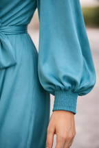 Elegant Teal Wrap Maxi Dress for Women | V-Neck Long Sleeve Flowy Evening Dress