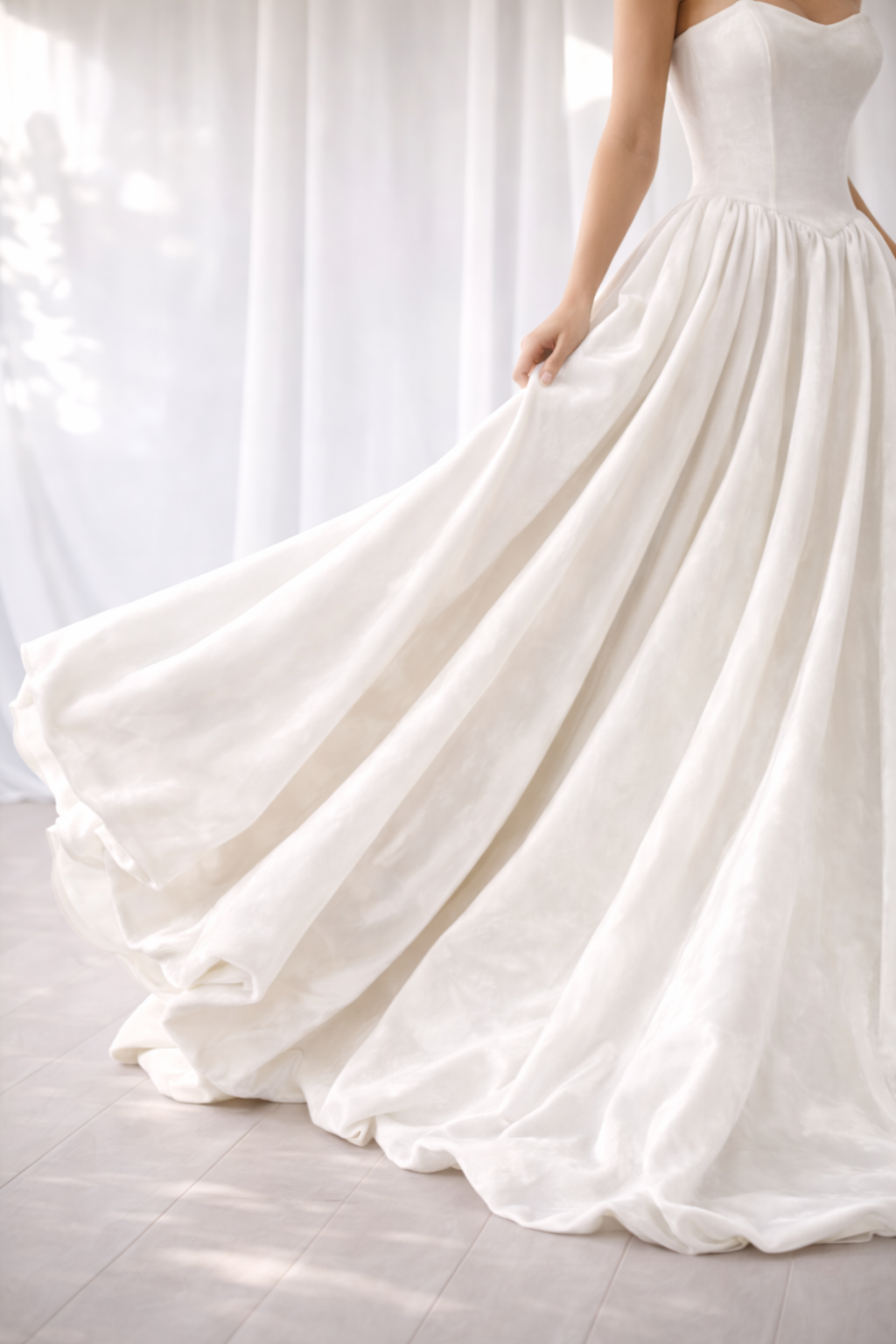 Elegant Ivory Western Wedding Gown for Women – Strapless Bridal Dress with Flowing Train