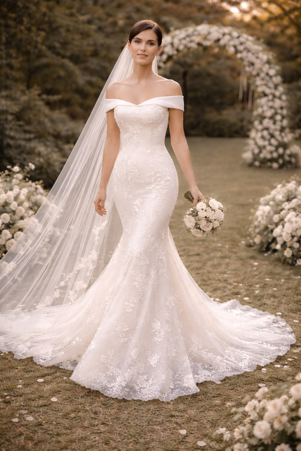 Off-Shoulder Lace Western Wedding Gown for Women – Elegant Mermaid Bridal Dress