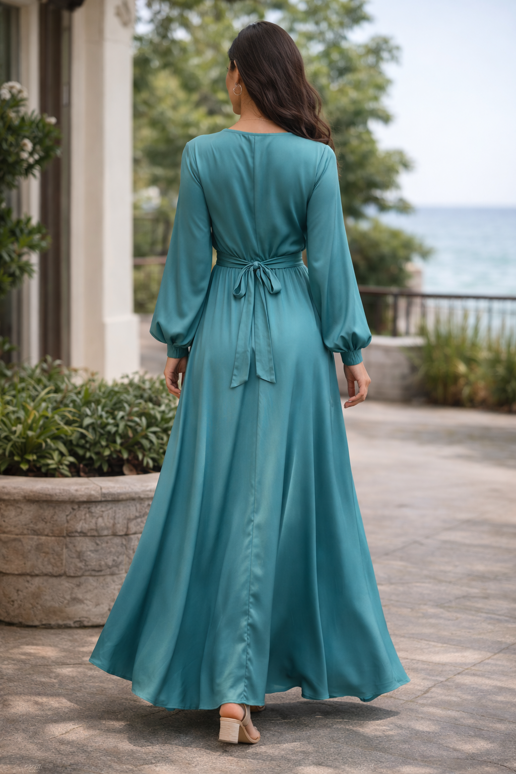 Elegant Teal Wrap Maxi Dress for Women | V-Neck Long Sleeve Flowy Evening Dress