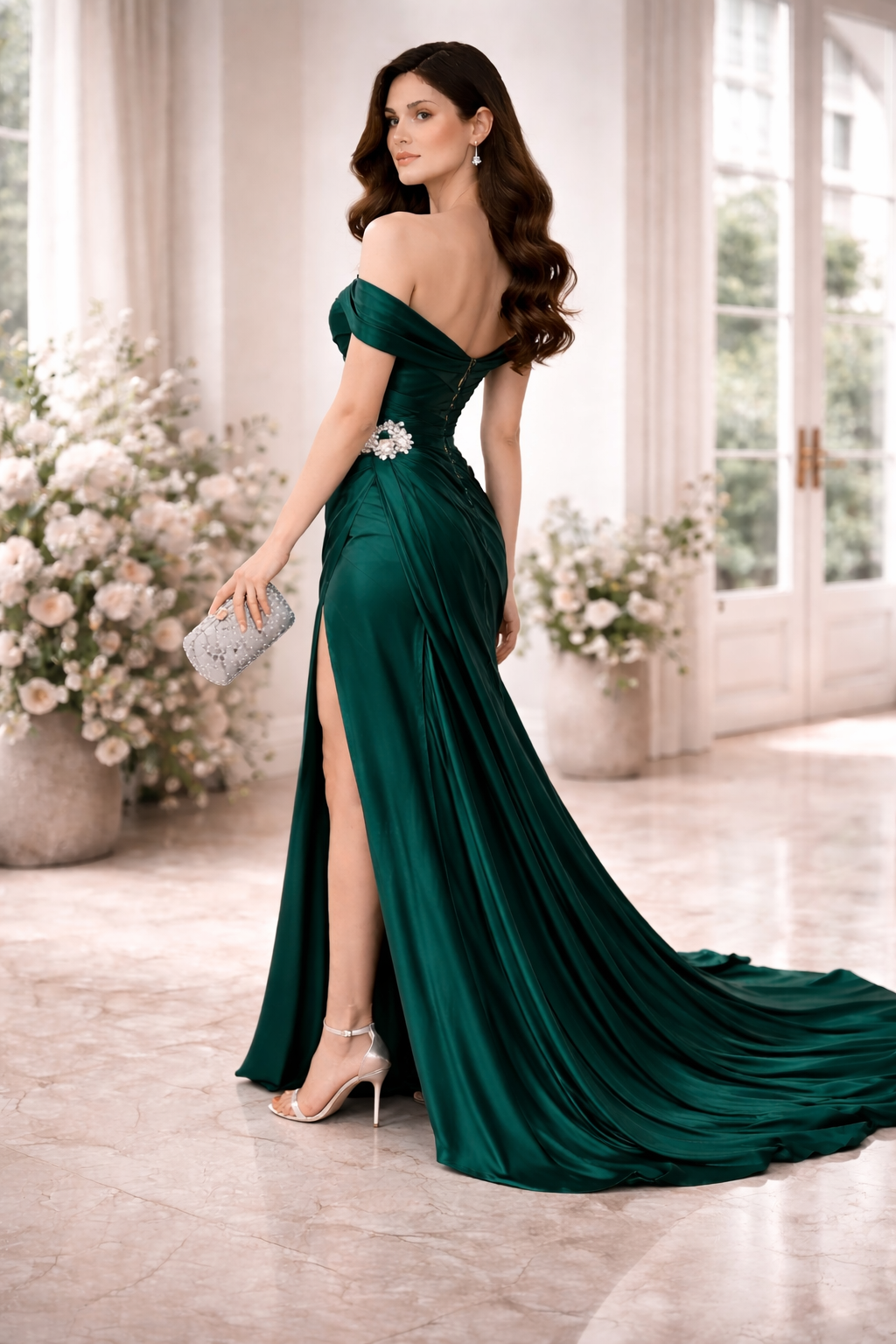 Emerald Green Satin Luxury Gown for Women – Off-Shoulder Slit Evening Dress
