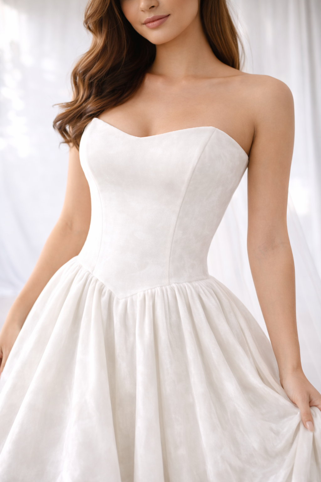 Elegant Ivory Western Wedding Gown for Women – Strapless Bridal Dress with Flowing Train