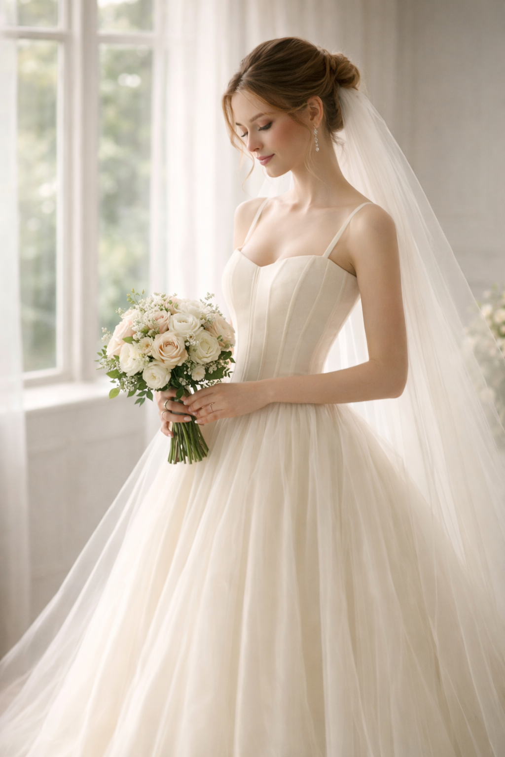 Soft Ivory Tulle Western Wedding Gown for Women – Corset Style Elegant Bridal Dress