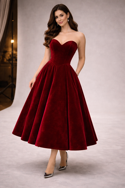 Deep Wine Velvet Western Wedding Dress for Women – Strapless Bridal Gown with Two Height Options