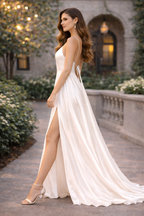 Ivory Satin Western Party Wear Nightgown Dress for Women – Slit Style Evening Look
