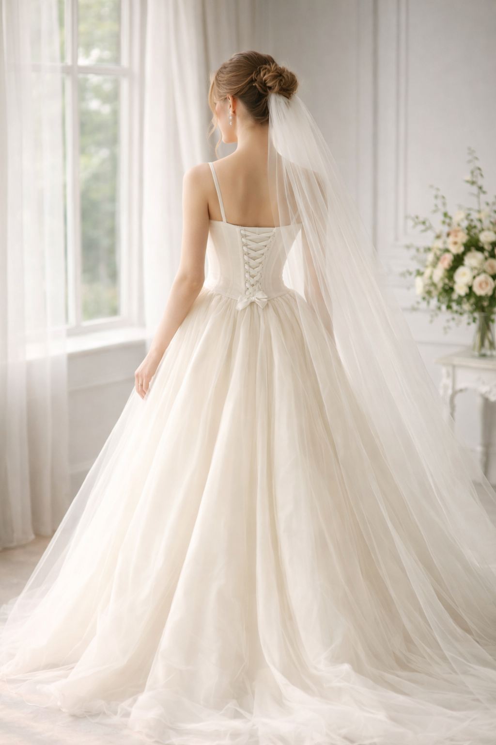 Soft Ivory Tulle Western Wedding Gown for Women – Corset Style Elegant Bridal Dress