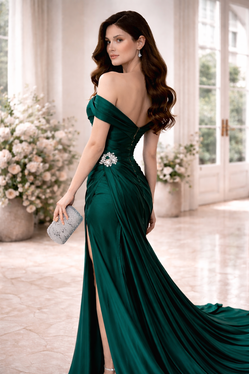 Emerald Green Satin Luxury Gown for Women – Off-Shoulder Slit Evening Dress