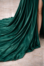 Emerald Green Satin Luxury Gown for Women – Off-Shoulder Slit Evening Dress