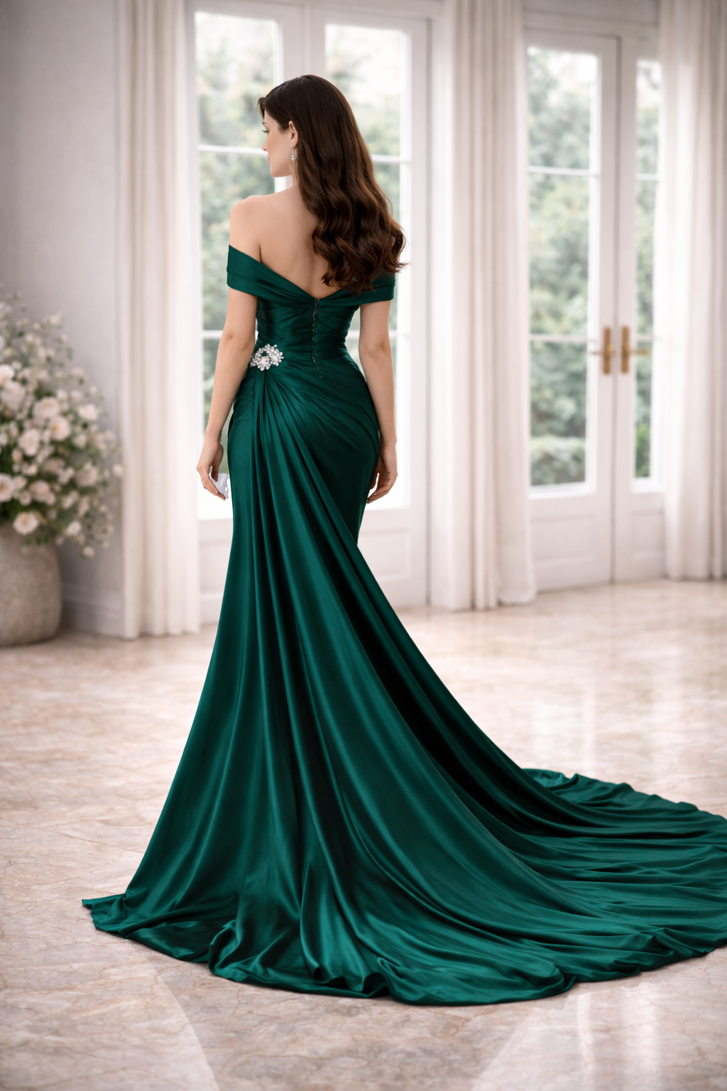 Emerald Green Satin Luxury Gown for Women – Off-Shoulder Slit Evening Dress