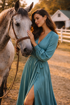 Elegant Teal Wrap Maxi Dress for Women | V-Neck Long Sleeve Flowy Evening Dress