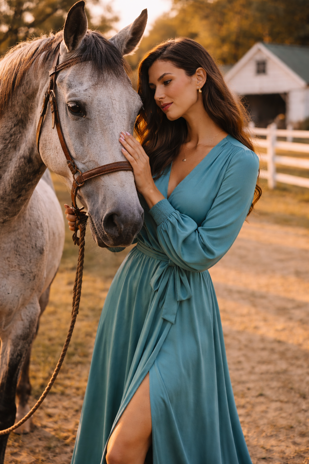 Elegant Teal Wrap Maxi Dress for Women | V-Neck Long Sleeve Flowy Evening Dress