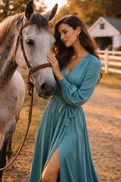 Elegant Teal Wrap Maxi Dress for Women | V-Neck Long Sleeve Flowy Evening Dress