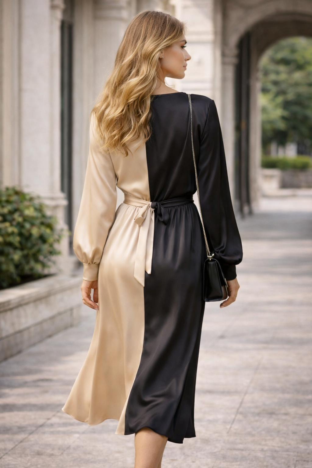 Black & Beige Colorblock Wrap Dress for Women – Elegant Long Sleeve Midi Dress