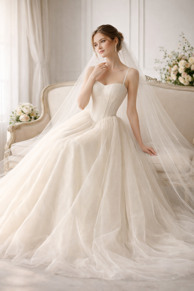 Soft Ivory Tulle Western Wedding Gown for Women – Corset Style Elegant Bridal Dress