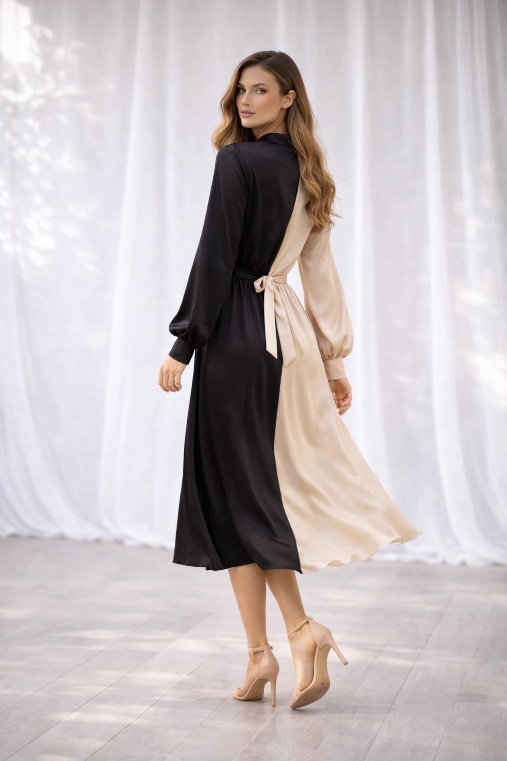 Black & Beige Colorblock Wrap Dress for Women – Elegant Long Sleeve Midi Dress