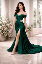 Emerald Green Satin Luxury Gown for Women – Off-Shoulder Slit Evening Dress