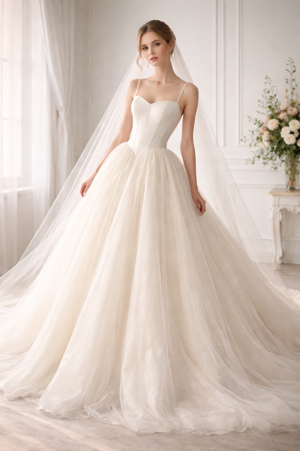 Soft Ivory Tulle Western Wedding Gown for Women – Corset Style Elegant Bridal Dress