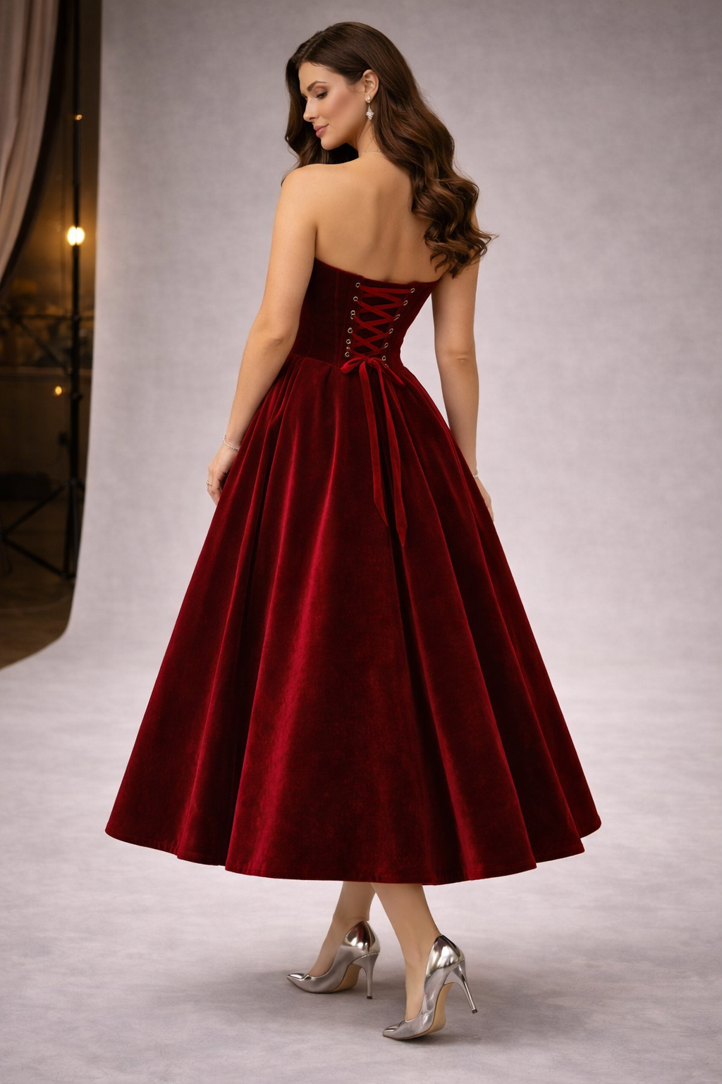 Deep Wine Velvet Western Wedding Dress for Women – Strapless Bridal Gown with Two Height Options