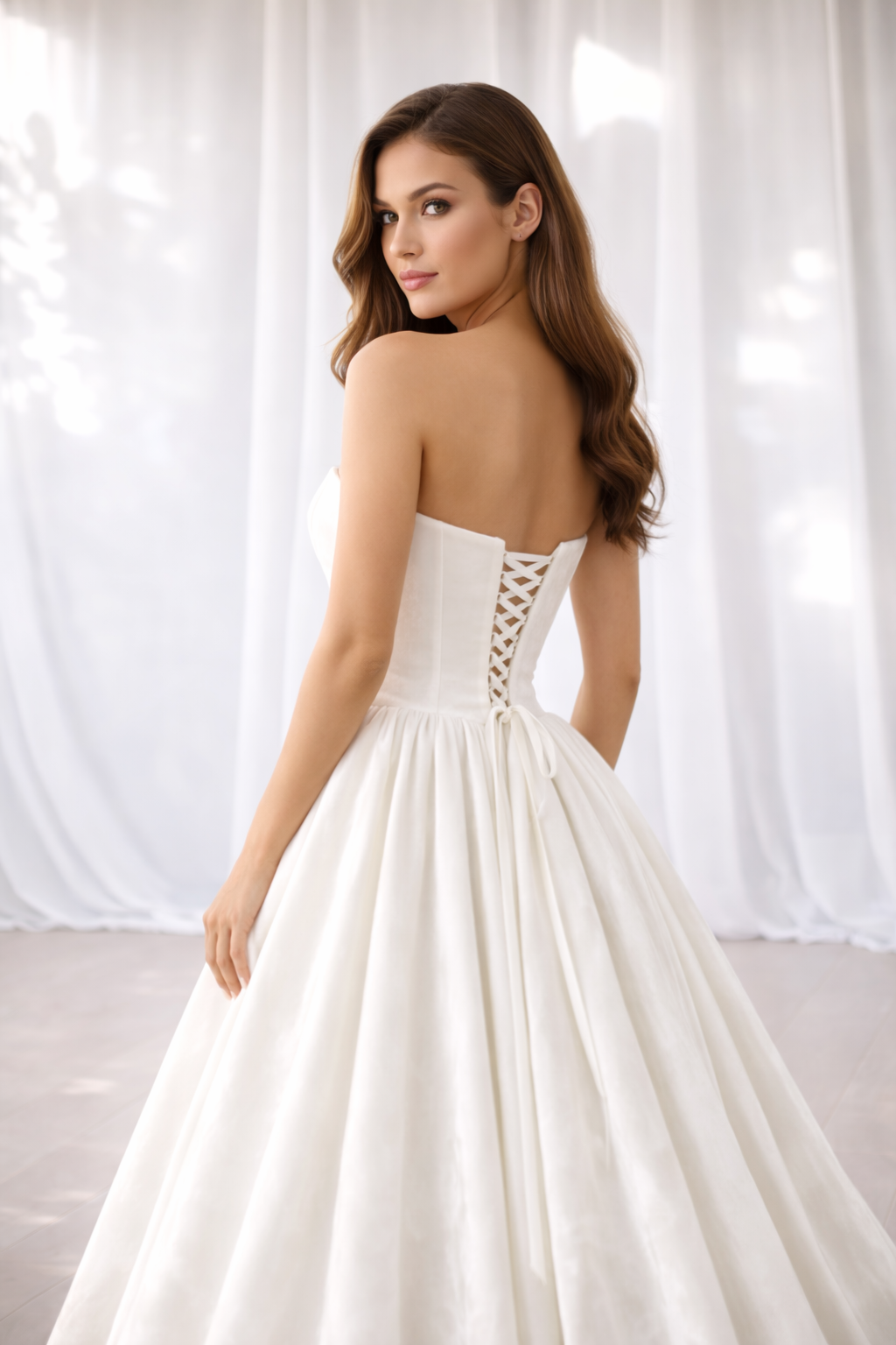 Elegant Ivory Western Wedding Gown for Women – Strapless Bridal Dress with Flowing Train