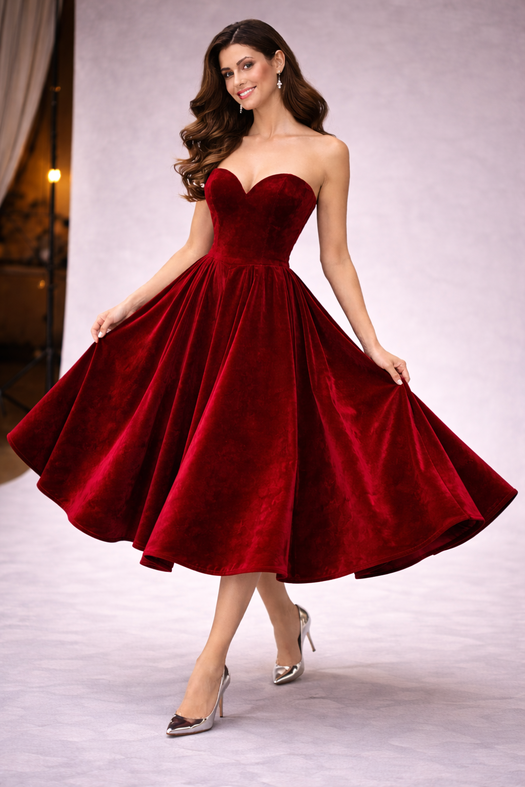 Deep Wine Velvet Western Wedding Dress for Women – Strapless Bridal Gown with Two Height Options