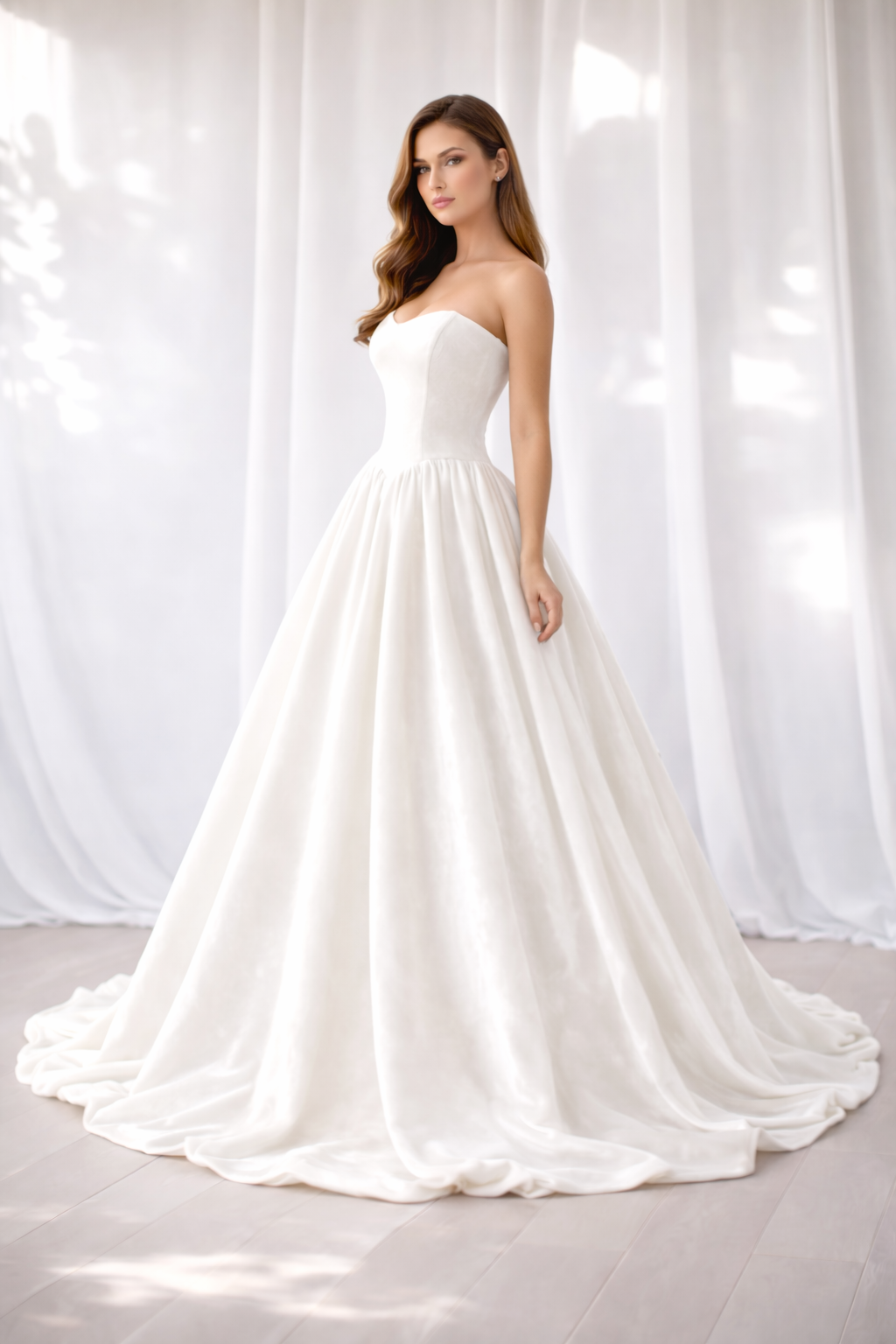 Elegant Ivory Western Wedding Gown for Women – Strapless Bridal Dress with Flowing Train